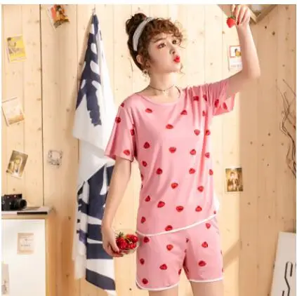 WAVMIT летний женский Удобный милый пижамный комплект с принтом для девочек, пижамный комплект с коротким рукавом, Пижамный костюм для женщин, ночная рубашка, наборы - Цвет: X J fen cao mei