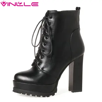 

VINLLE 2020 Woman Boots Ankle Boots Ladies Square/ Thin High Heel PU leather Women Shoes Winter Motorcycle Boots Size 34-43