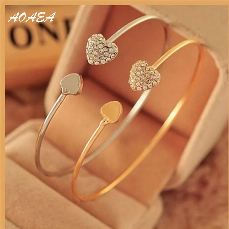 

Adjustable Crystal Double Heart Bow Bilezik Cuff Opening Bracelet Hot New Fashion Women Jewelry Gift Mujer Pulseras FCb002