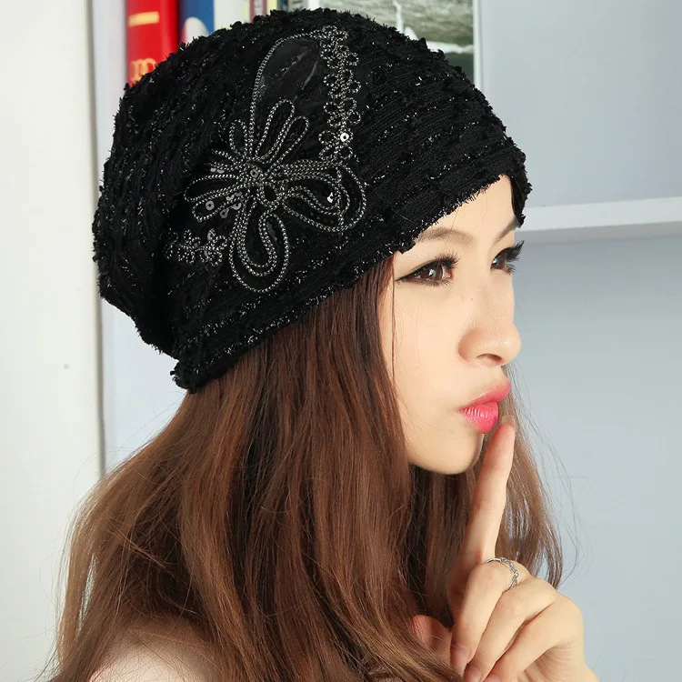 2018 Fashion Bow Sequins Lace Sleeve Autumn Hat Knitting Circle Cube Cap Ms. Winter Warm Hat Home Snapback Hat Bone Manga