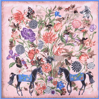 

130*130CM 100% Twill Silk Square Scarf Luxury Brand Flowers Print Women Shawl Pink Bandana Fourlard Femme