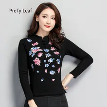 Зимняя футболка с вышитым воротником и длинными рукавами, бархатная теплая футболка с пряжкой большого размера