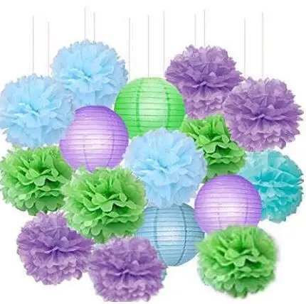 

16pcsTissue Paper Pom Pom Mixed Paper Lanterns Party Kit for Sea Themed Blue Lavender Themed Baby Shower Bridal Shower Decor