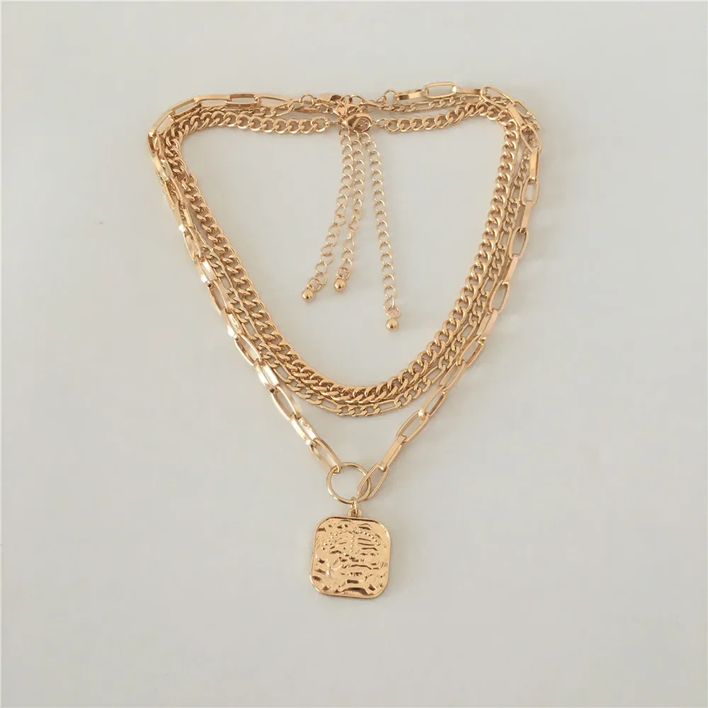 Модный золотой цвет обшивки Квадратные подвесные 3 многослойное ожерелье для женщин и девушек - Окраска металла: SET