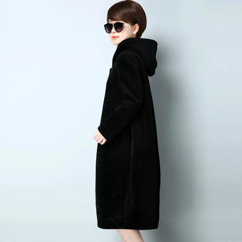 Ayunsue натуральным мехом пальто стрижки овец Шерстяное пальто для женщин; Большие размеры Зимний плащ женский Куртка с капюшоном Abrigos Mujer KJ545 - Цвет: Black
