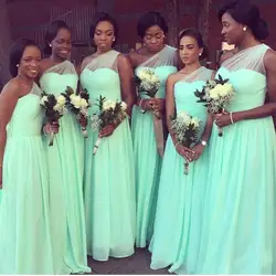 Мятно-зеленые шифоновые длинное свадебное платье с одним плечом А-силуэта длинная недорогая юбка Подружка невесты платье для свадьбы на