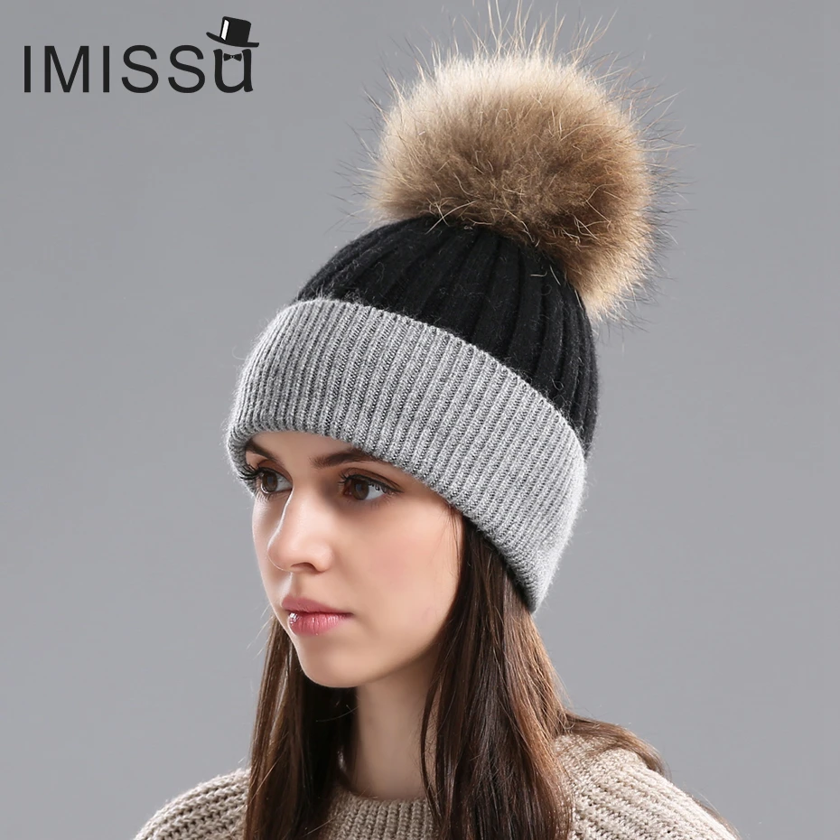 Женская зимняя шапка с помпоном из натурального меха енота|pom pom hat|pom hatswinter hats for