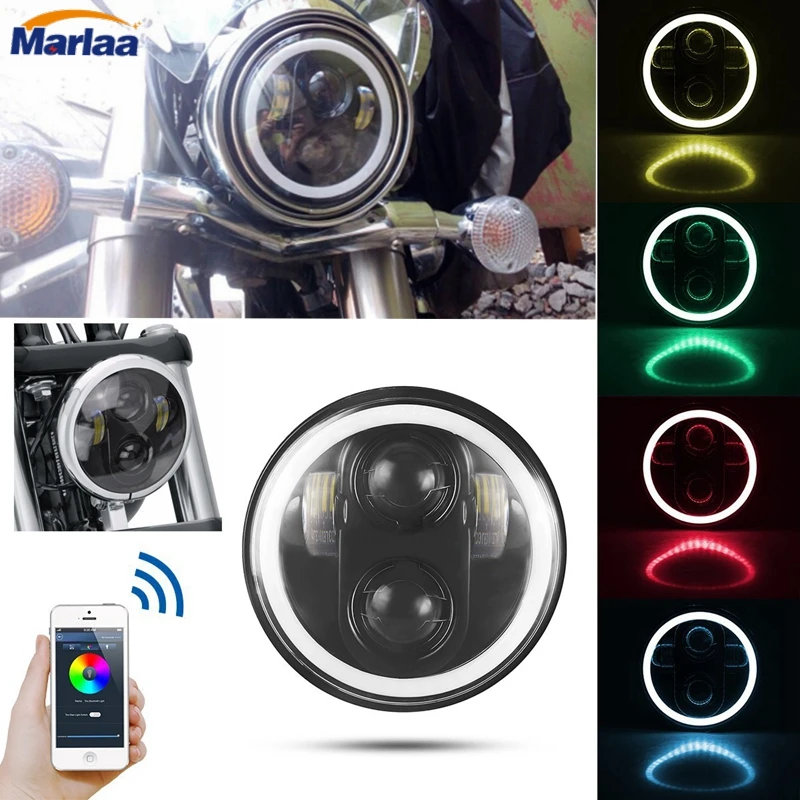 5 3/4" 5.75" Round LED Projection Daymaker Headlight RGB Halo DRL with Bluetooth APP Remote for