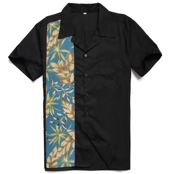 

2019 New Men's Cotton Shirts Personality Navy Palm Leaf Print Stitching 60's Retro Vintage Hip Hop Casual Short Sleeve Camisa