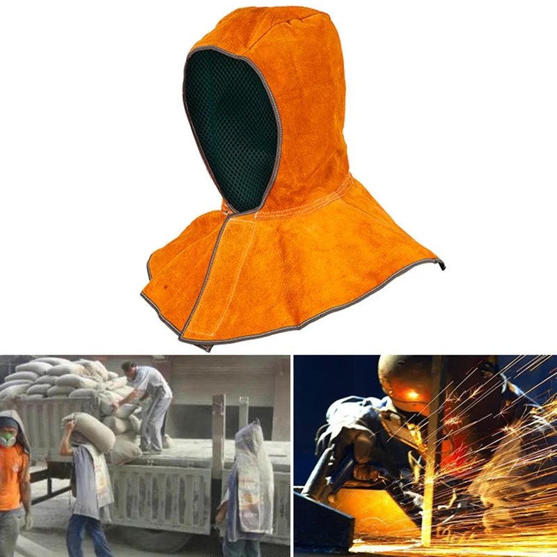 

Cow Leather Welding Cap Working Safety Helmet Golden Cowhide Split Leather Welding Hood with neck shoulder drape