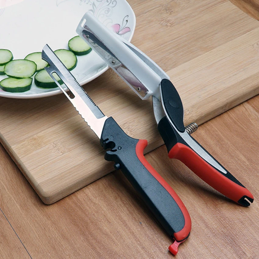 

2 in 1 Kitchen Cutter Board Vegetable Cutting Slicer Smart Knife Stainless Steel Meat Chop Cutter Multi-Function Fruit Scissors