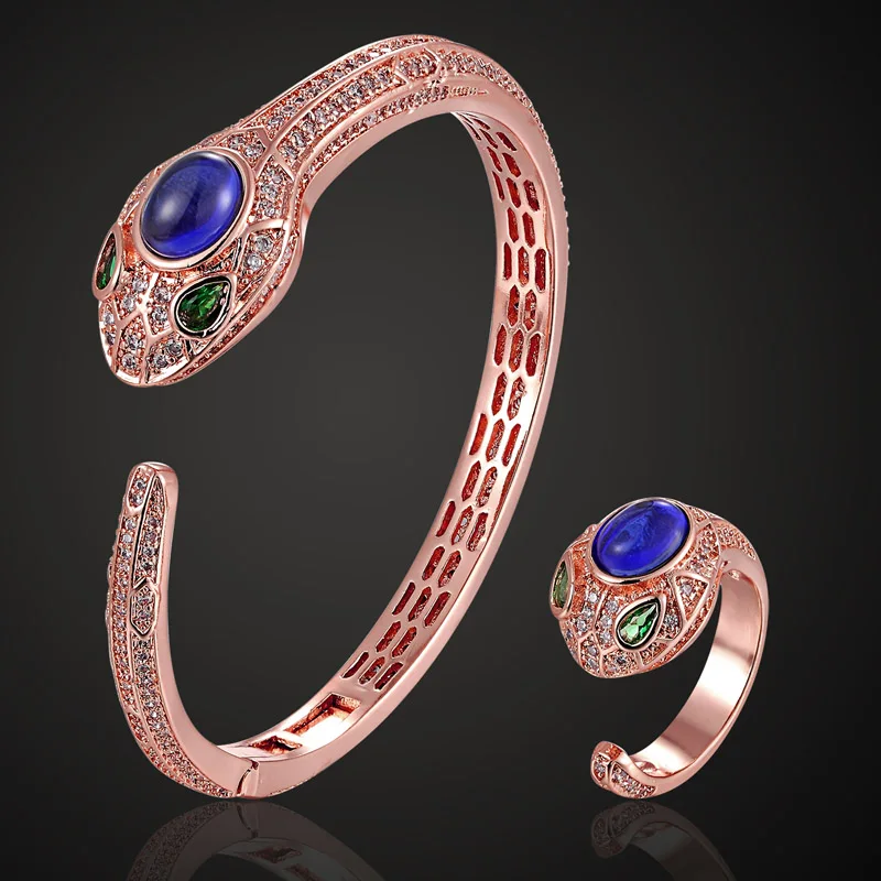 

zlxgirl jewelry brand cubic Green Eye zircon snake bangle & ring jewelry sets women's wedding bangle sets rose gold braceletes