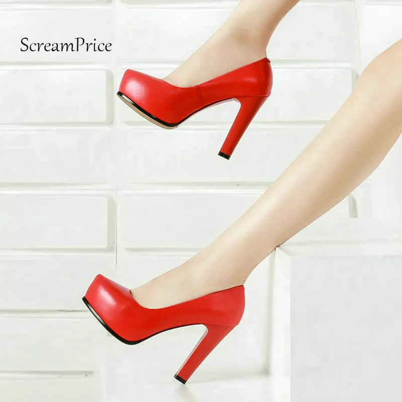 

Woman Platform Square High Heel Genuine Lesther Pumps Fashion Pointed Toe Wedding Lazy High Heel Shoes Ladies Beige Red