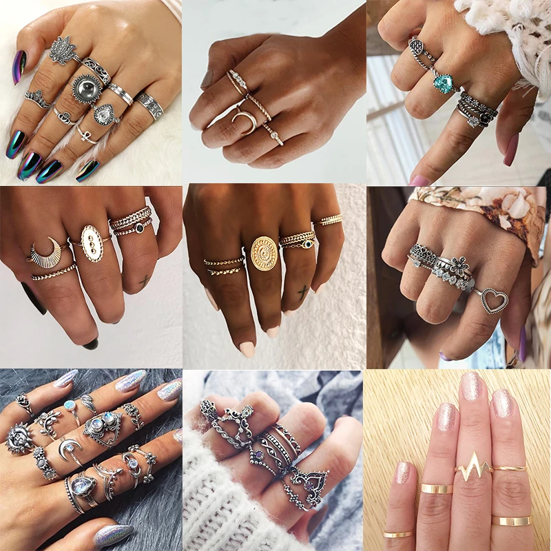 

Metal Vintage Rings Set for Women Crystal Knuckle Ring Jewelry Gold Silver Heart Flower Wave Moon Weddings Party