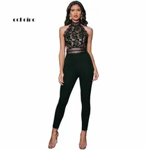 Echoine Women Jumpsuit Sexy Turtleneck Off shoulder Lace Transparent Backless Zipper Long Pencil Pants Fashion Romper Streetwear lace insert backless cold shoulder romper