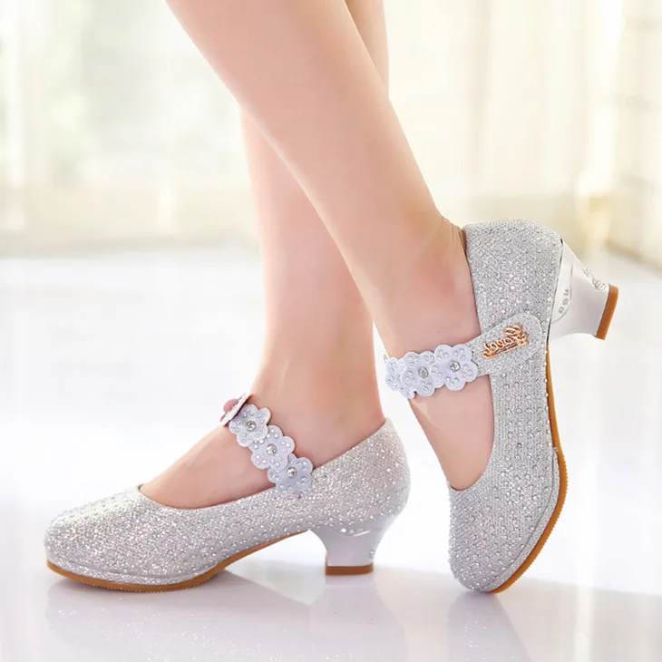 Cristal de Diamante Sapatos de Dança de Flores Infantis de Alta-salto Sapatos de Couro Meninas Sandálias Alto Sapatos Princesa Crianças