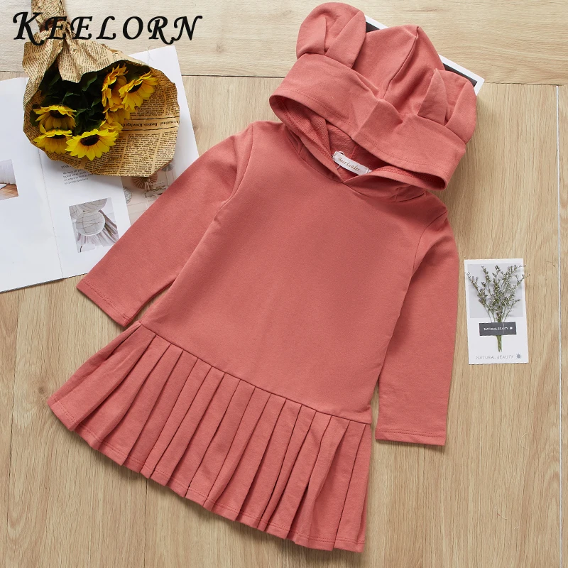 Keelorn Girls Dress Casual Style Clothes Rabbit Ears Hooded Ruched Dresses baby girl dress 2020 Spring Kids | Детская одежда и