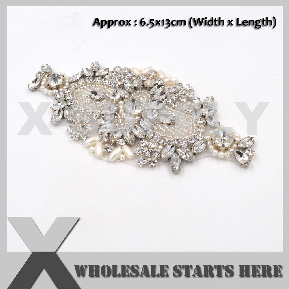 

(2pcs/lot) Free Shipping Bridal Crystal Pearl Rhinestone Applique Iron On Beaded Patch for Sash,Wedding Dress, X1-RAT2407