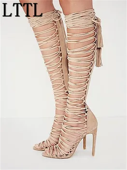 

LTTL Back Zipper Zapatos Mujer Gladiator Women Sandals Tassel Crossed-tied High Heels Shoes Woman Summer Knee High Sandal Boots