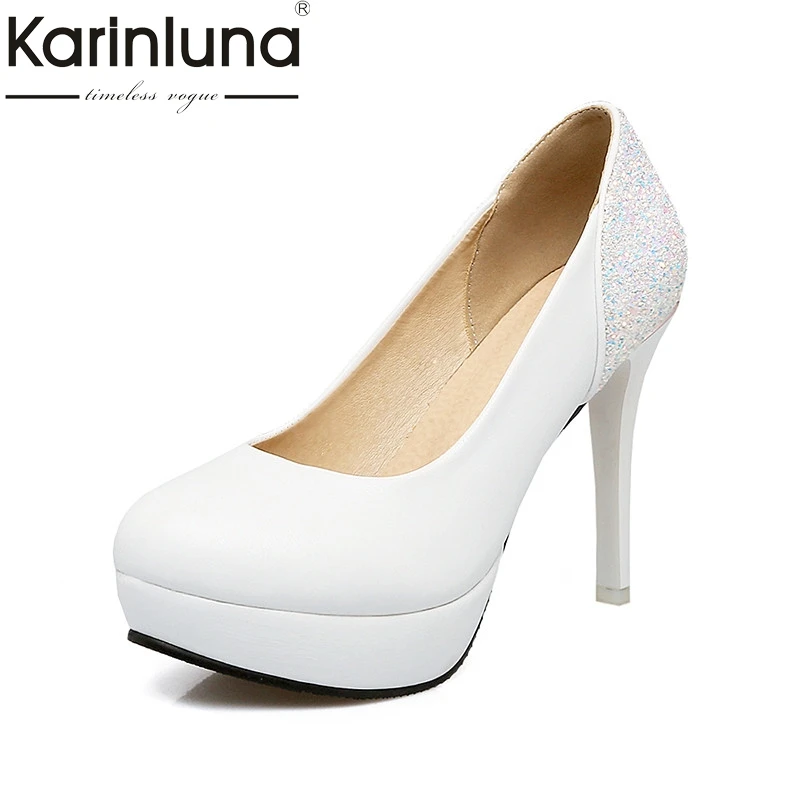 

KarinLuna 2018 Spring Autumn Bling Glitter Date Pumps Platform Shallow Wedding Shoes Woman Plus Size 31-45 Women Lady Shoe