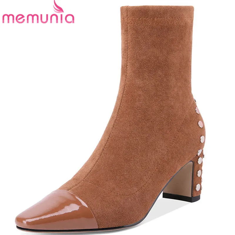 

MEMUNIA 2020 top quality genuine leather ankle boots for women fashion square toe boots zipper rivet autumn boots female shoes