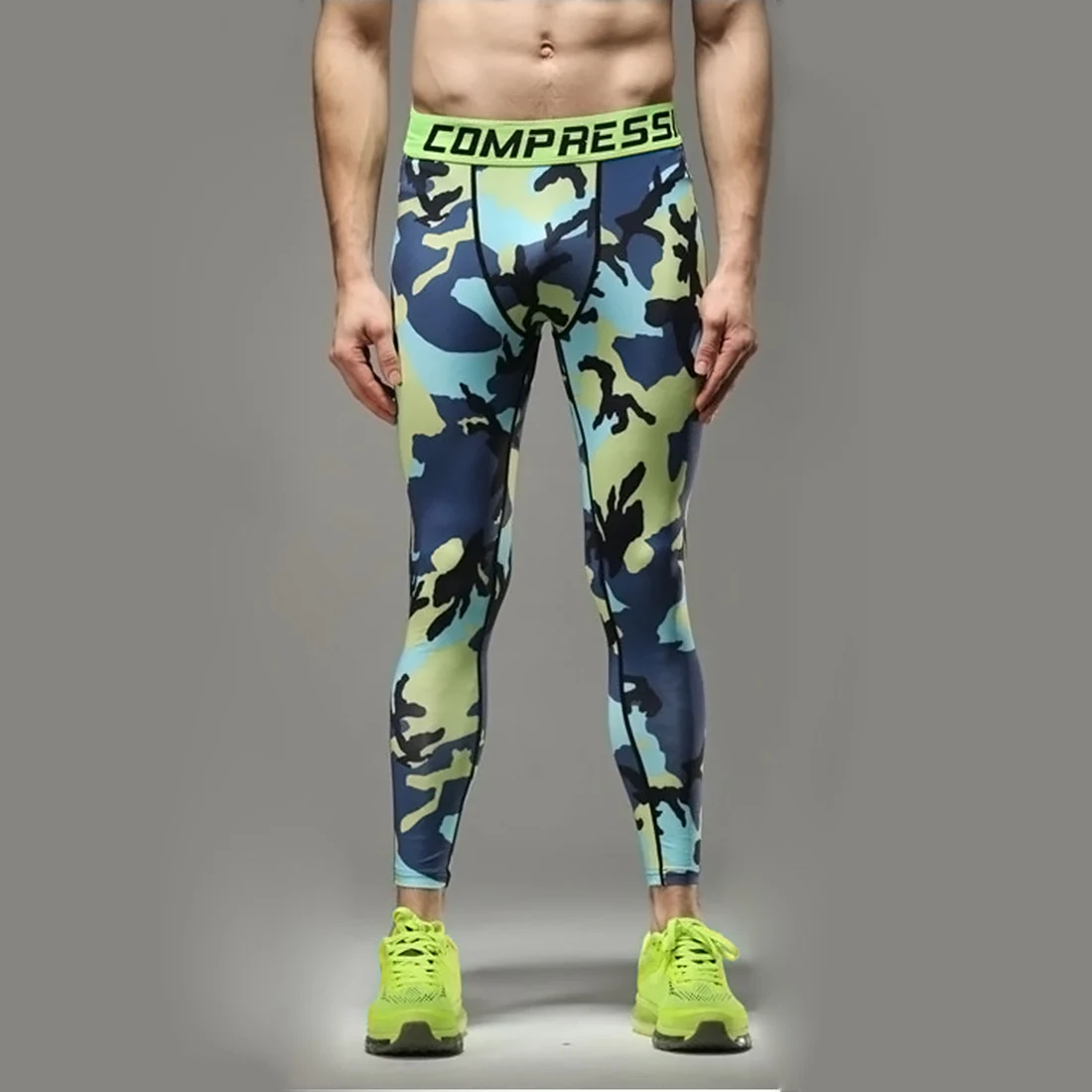 

Men's Sports Compression Leggings Blue & Yellow Camouflage Print Long Pants for Cycling Running Gym Fitness Sports