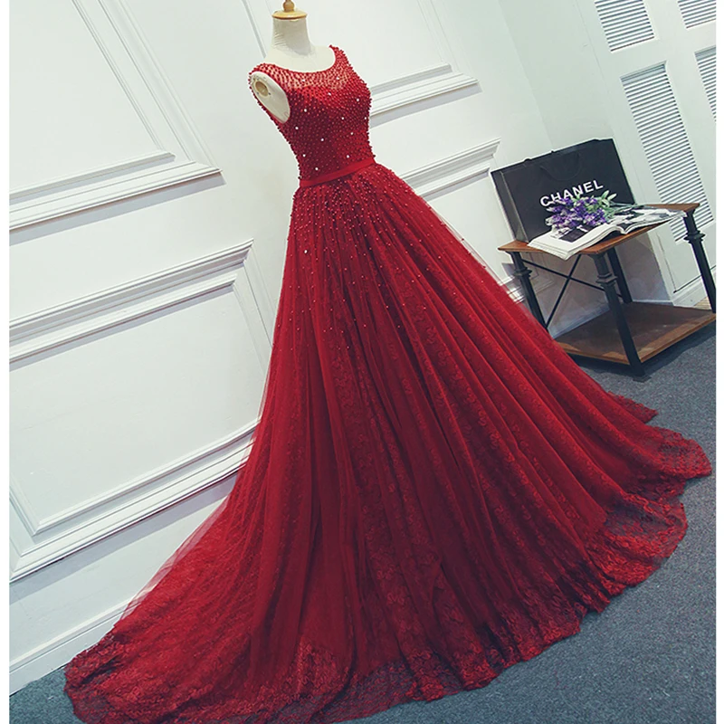 Robe Soiree Scoop Neck Sleeveless A Line Evening Dresses Luxury Burgundy Tulle Lace Evening Gown With