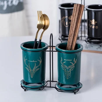 

Ceramic Chopstick Holder Household Drain Chopstick Barrel Double Chopstick Barrel Chopstick Cage Storage Rack Chopstick Box