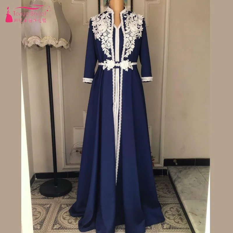 

Muslim Evening Dress Moroccan Kaftan Navy Robe De Soiree Dubai Lace Applique Formal Dress Long Sleeve Women Evening Gown DQG967