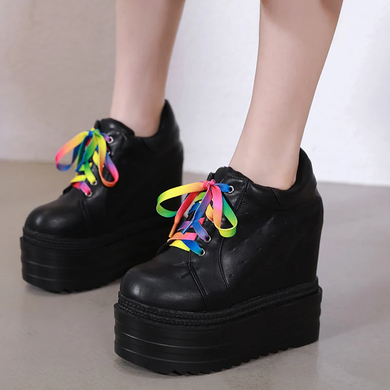 

Breathable Lace-up Casual Wedges Shoes Women 14cm Hgih Heel Black White Platform Shoes Sexy Party Dress Shoes