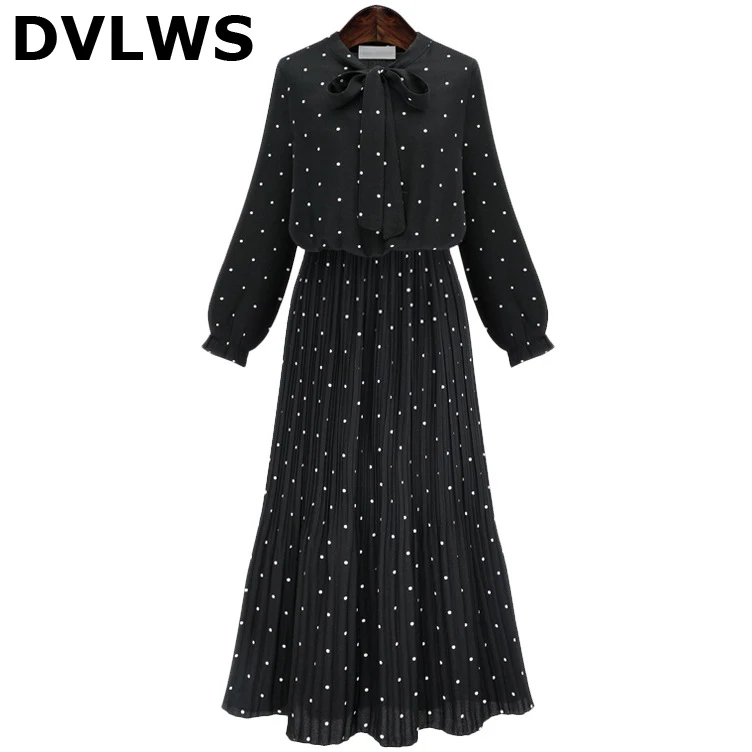 

2019 Spring Dot Printed Long Sleeves Women Dress Chiffon Pleated Elegant Dress for Women High Quality