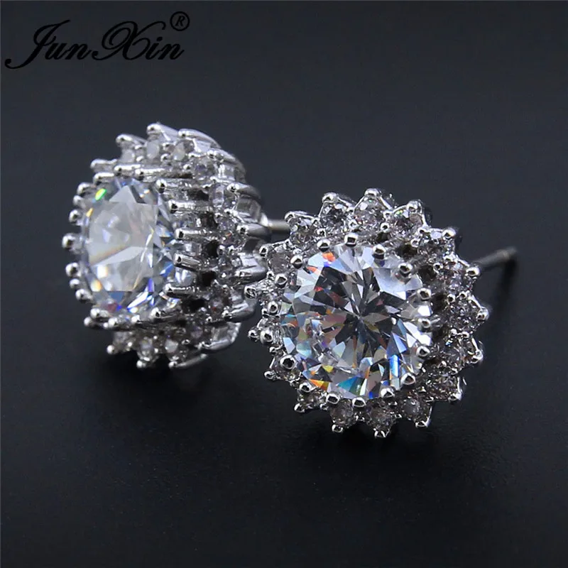 

JUNXIN Brilliant White Zircon Round Stud Earrings For Women 925 Sterling Silver Filled Pave Tiny Crystal Wedding Earrings Female