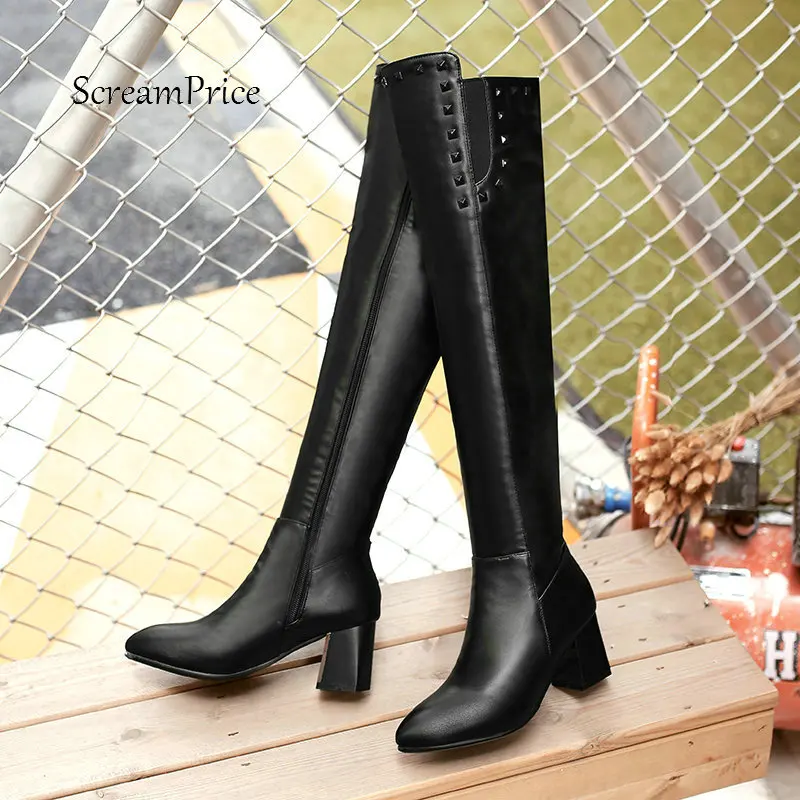 

Winter Comfortable Square Heel Side Zipper Over The Knee Boots Fashion Rivet Pointed Toe Thigh Boots Black