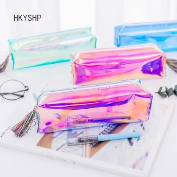 

HKYSHP Cool laser transparent pencil bag storage bag cosmetic bag cylinder tassel pencil bag school office supplies