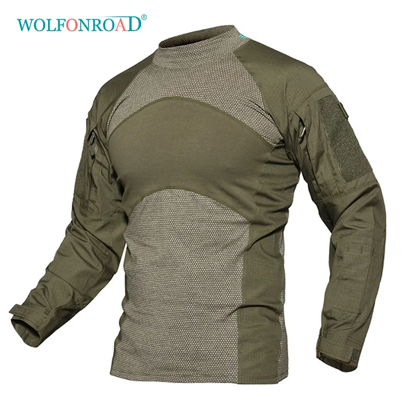 

WOLFONROAD Men Army Green Rip-stop Tactical T Shirts Long Sleeve Camouflage Hiking T-Shirt Autumn Hunting Paintball Clothing