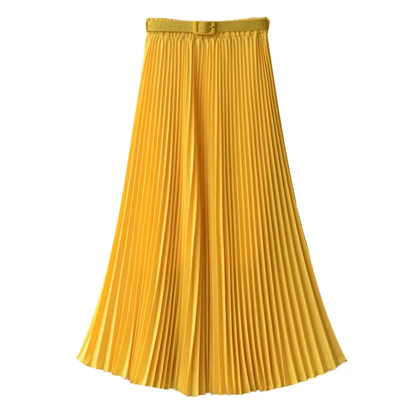 Long Pleated Skirts Womens Chiffon Elastic Waist Summer All Match Solid Tulle Maxi Skirt With Belt Faldas Khaki Black Pink