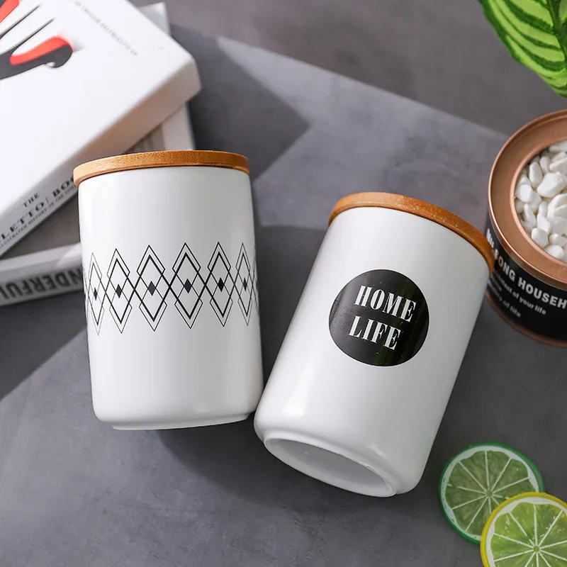 

480ml Nordic Geometric Ceramic Storage Jars with Lid for Eating Coffee Spices Tea Storage Tin Water Cup with Cover Kitchen Tool