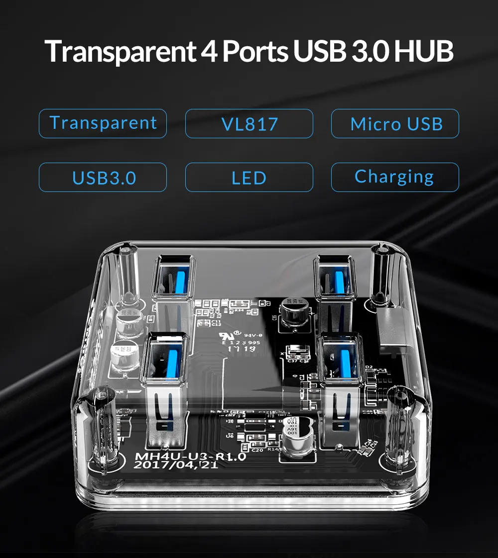 ORICO прозрачный 4 Порты USB 3,0 концентратор для настольного ПК/ноутбук с 30/100 см кабель для передачи данных Поддержка внешний блок питания Micro USB