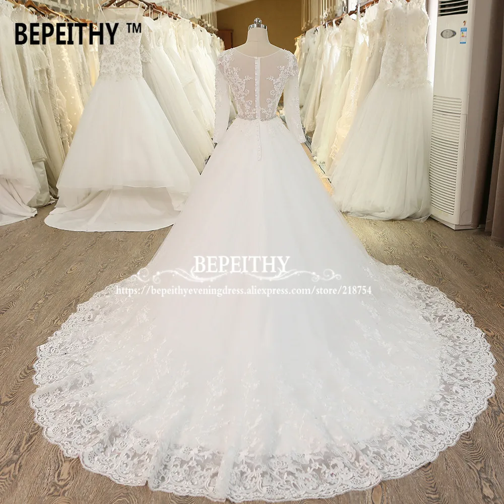 BEPEITHY Robe De Mariage бальное платье принцессы Свадебное платье с кристаллами створки Длинные рукава Кружева Свадебные платья Vestido De Novia