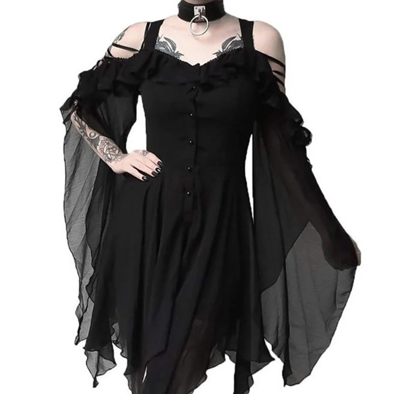 

Women gothic dress Sexy Sling Off Shoulder flare Sleeve Irregular Button Retro vintage solid ladies party club Punk Dress mini