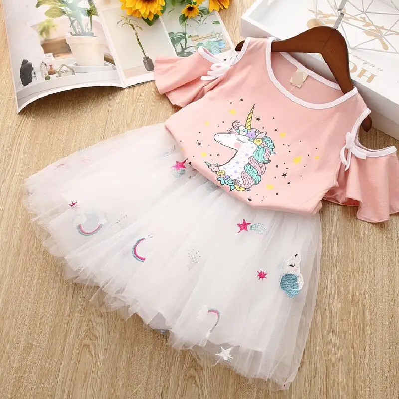 Toddler Kids Baby Girls Clothes Unicorn T-Shirt+Tulle Skirt 2PCS Birthday Outfits Suit Kids Children Summer Clothing Sets - Цвет: Розовый