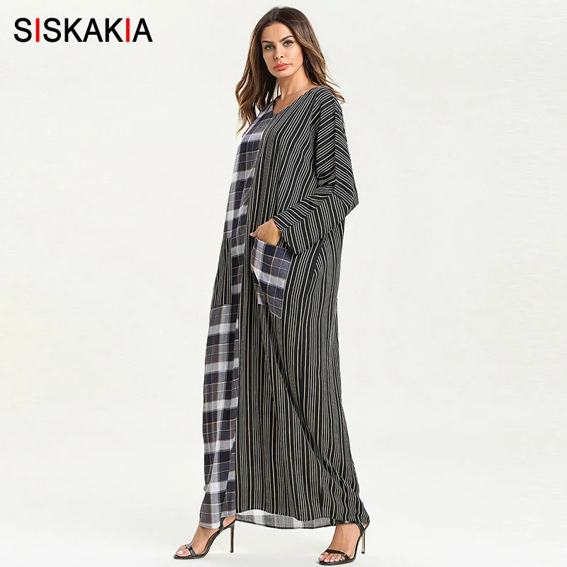 Siskakia женское длинное платье большого размера, повседневное клетчатое платье макси в полоску, v-образный вырез, длинный рукав, передние карманы, Арабский Дубай, одежда для Рамадана