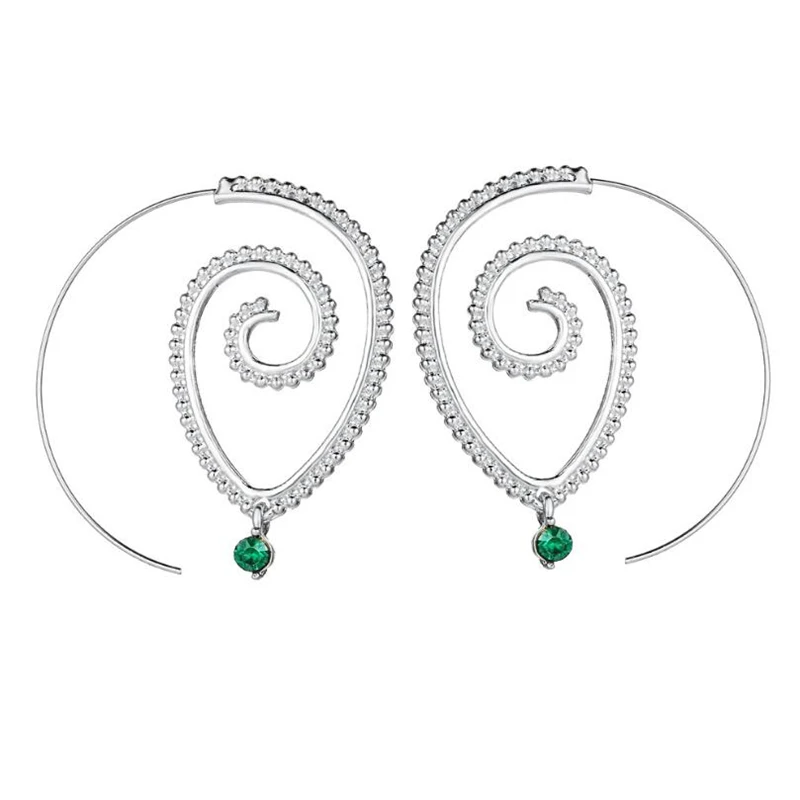 AMOURJOUX преувеличенные Золотые/серебряные Винтажные серьги-кольца со спиральным зеленым камнем для женщин женские серьги-обручи подарок для девушек
