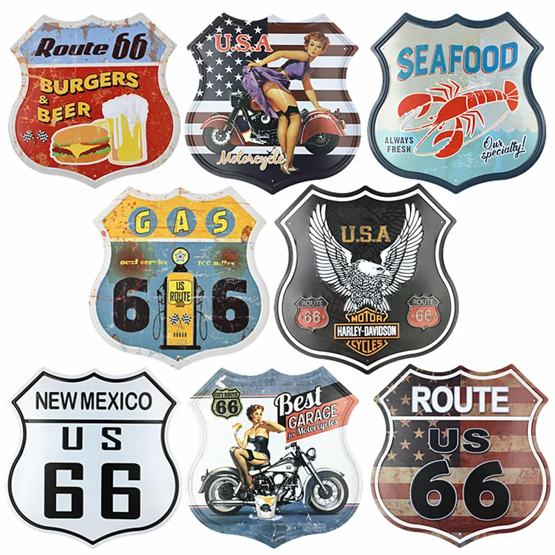 Route 66 Irregular Garage Vintage Plaque Metal Tin Signs Art Decor Iron Poster Home Decorative Retro Wall Art for Bar Pub Shop