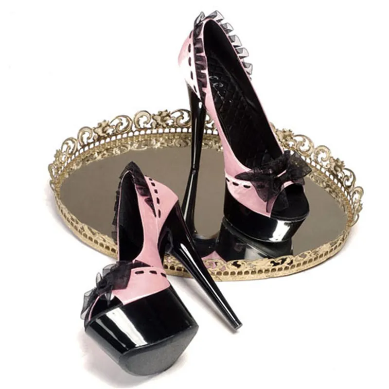 Sexy high-heeled shoes, 15cm thin and water-resistant, flower fish mouth with a bow tie for women's Dance Shoes