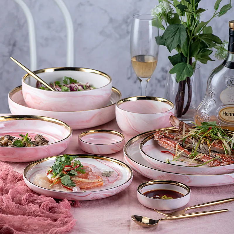 1 шт., розовая мраморная керамическая посуда в Пномпене, тарелка, креативная Ins, рисовая салатная тарелка, тарелки для лапши, супа, ложки, наборы посуды