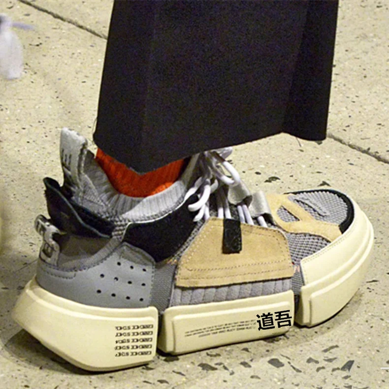 Online INS caliente moda grueso zapatillas de deporte pista colores mezclados V diseño único zapatos de punta redonda zapatos de ocio zapatos de malla de Patchwork zapatos de papá