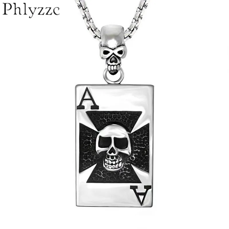 Black Iron Cross Skull Pendant Necklace Men Boys Ace Spade Poker