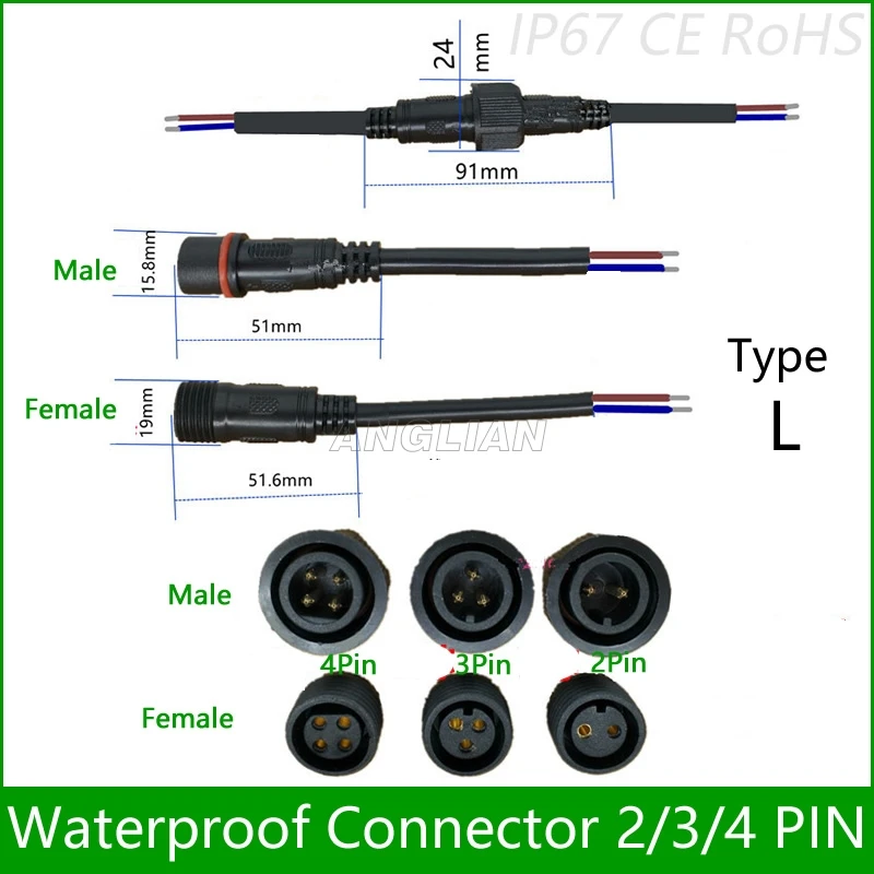 5 пар водонепроницаемый разъем ток 6A/8A/12A 2 pin / 3 4 с проводным кабелем IP67 Женский