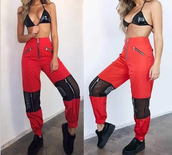 

Fashion Black Mesh Patchwork Zipper Jogger Pants Women Loose Casual High Waist Trousers Womens Hip Hop Fashion Pencil Pants
